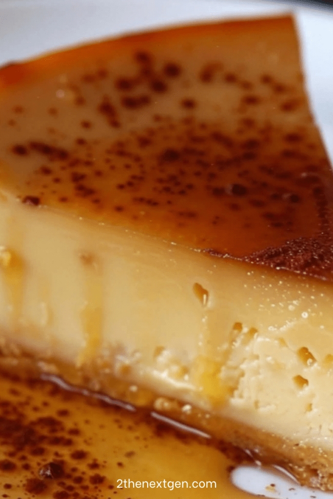 Creamy caramel flan cheesecake served cold with glossy caramel dripping over the top, a biscuit crust layer, and smooth cheesecake filling.