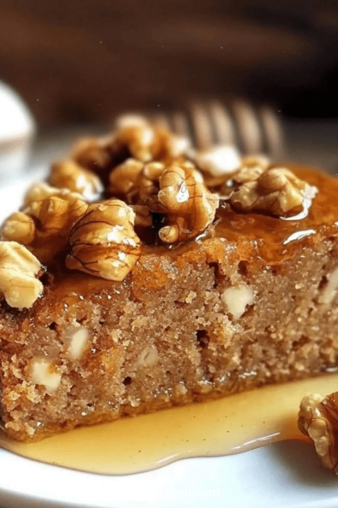 Honey walnut cake topped with glossy honey glaze and walnut halves, sliced on a plate with a moist nutty crumb and golden topping.