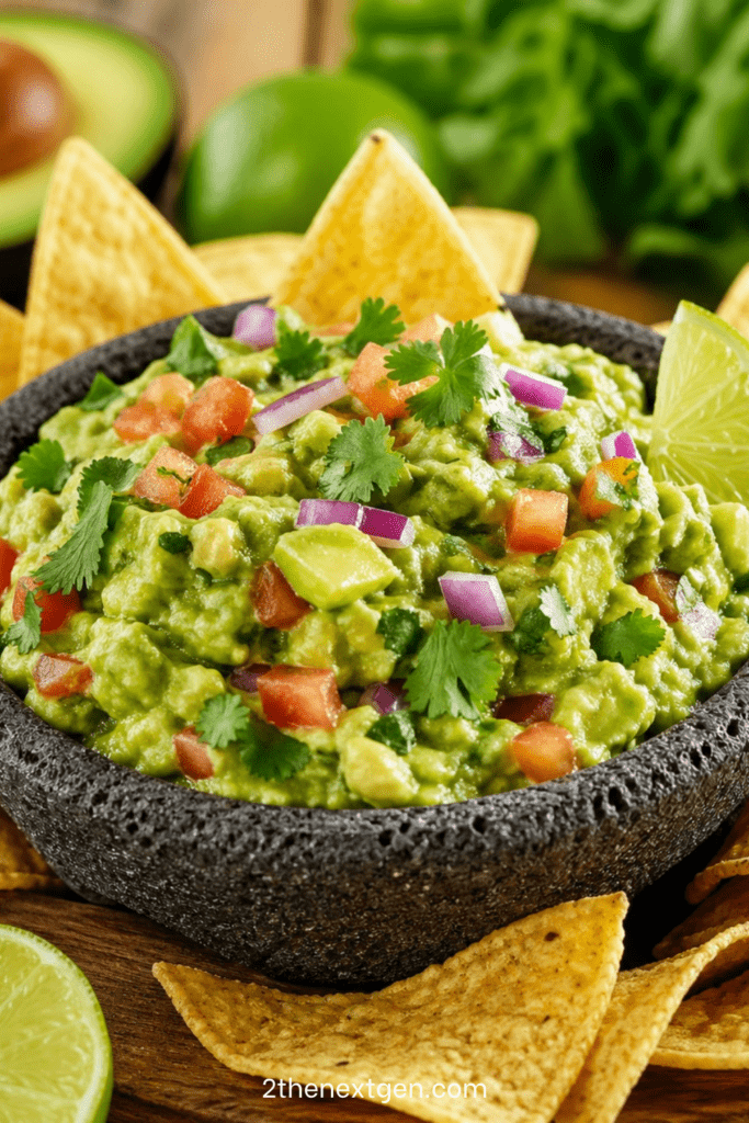 Classic homemade guacamole served in a bowl with ripe avocado, diced tomato, red onion, cilantro, lime wedges, and tortilla chips.