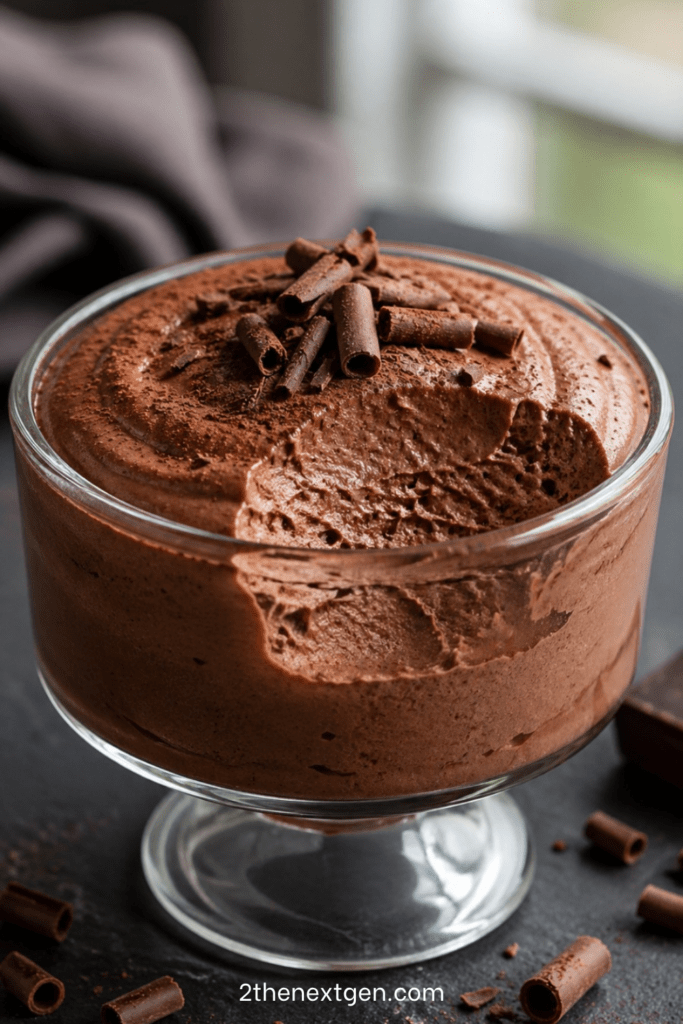 Creamy chocolate mousse served in glasses with cocoa powder, chocolate curls, whipped cream, and a smooth airy chocolate texture.