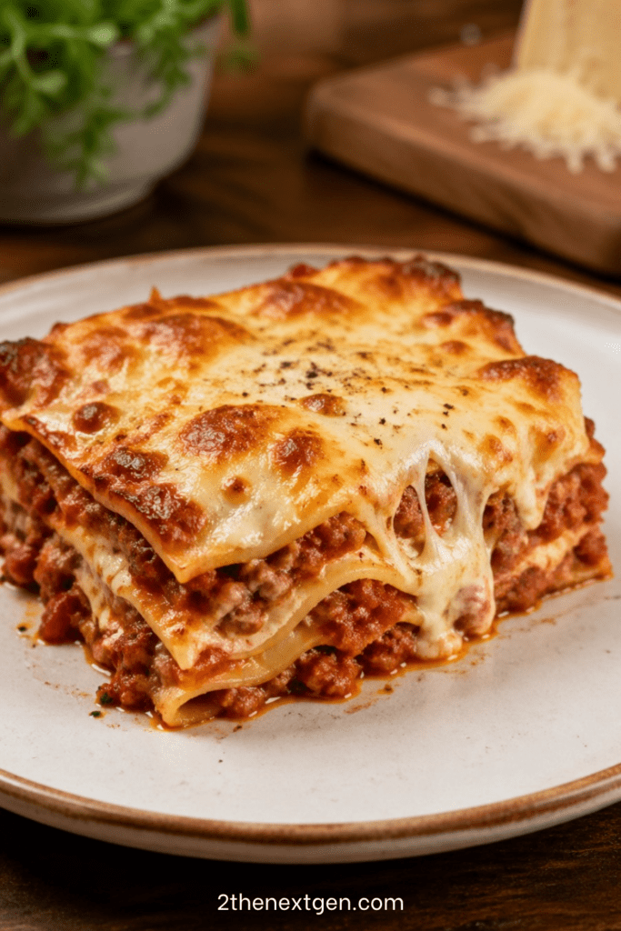Classic cheesy beef lasagna sliced into layers with rich beef tomato sauce, creamy béchamel, melted mozzarella, parmesan, and parsley.
