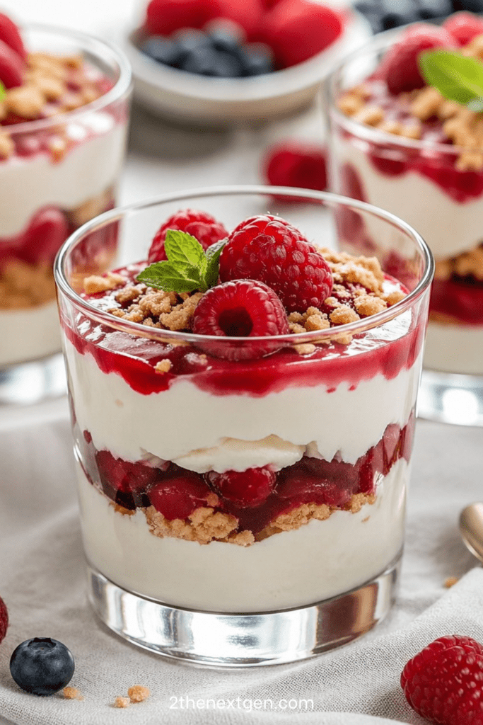 Berry cheesecake dessert cups layered with cream cheese filling, biscuit crumbs, raspberry blueberry sauce, fresh berries, and mint leaves.