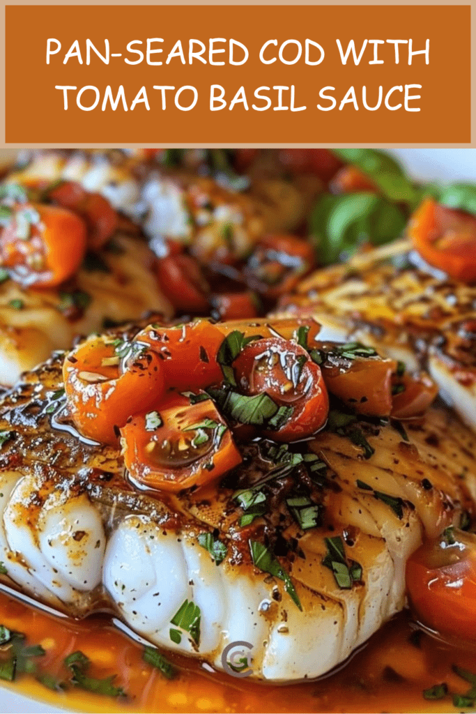 Pan-seared cod fillets served with tomato basil garlic sauce, cherry tomatoes, fresh basil, parsley, lemon, and black pepper.