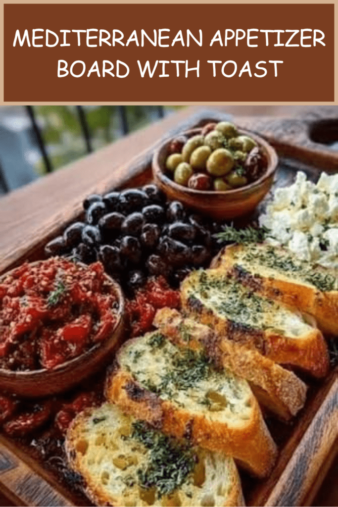 Mediterranean appetizer board with crispy garlic toast, black olives, green olives, feta cheese, sun-dried tomatoes, roasted pepper spread, and parsley.