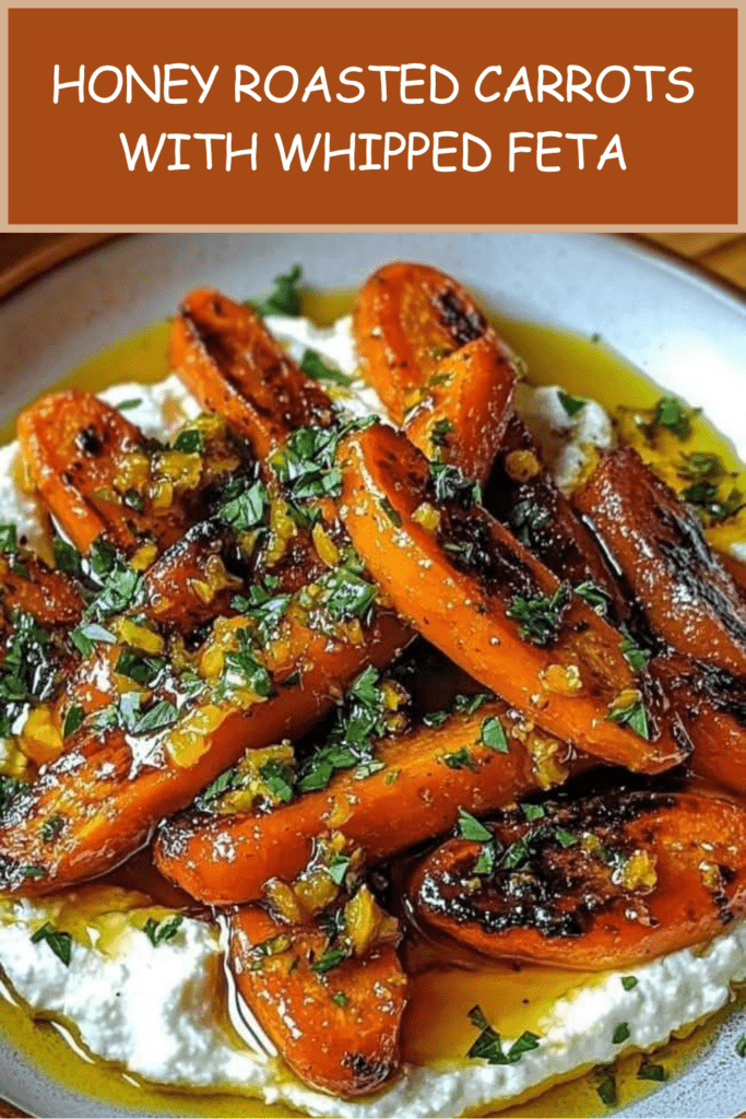 Honey roasted carrots served over creamy whipped feta with chopped pistachios, fresh parsley, mint, olive oil, and a drizzle of honey.