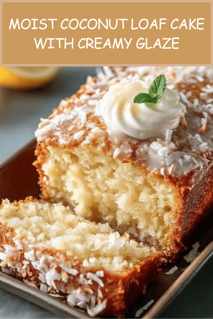 Moist coconut loaf cake topped with creamy glaze, shredded coconut, whipped cream, mint leaves, and a soft tender coconut crumb.