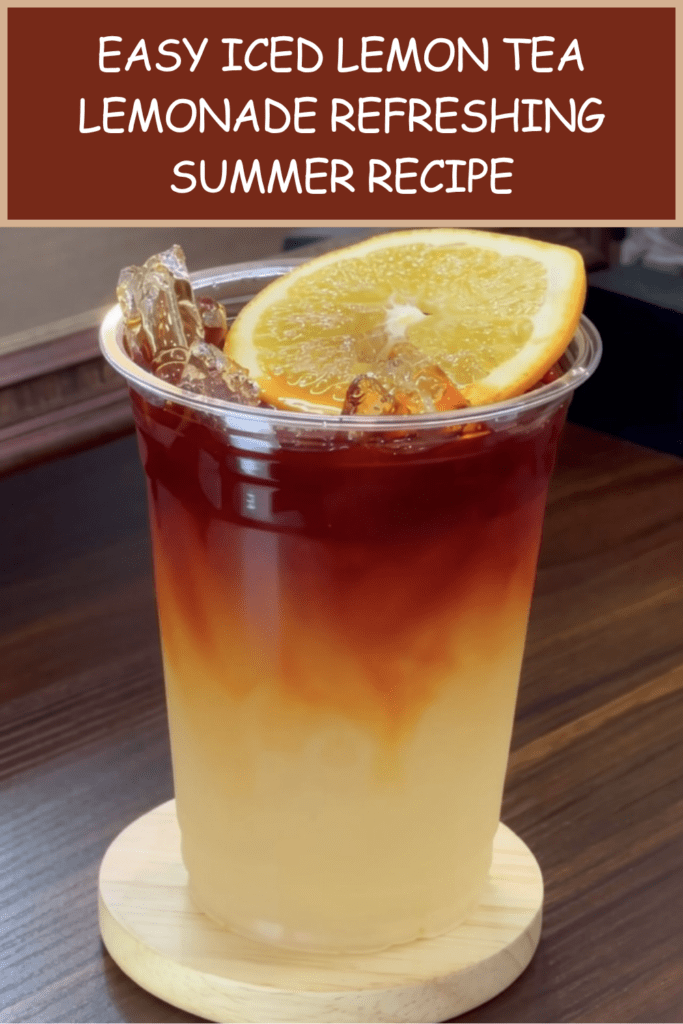 Iced lemon tea lemonade served in tall glasses with fresh lemon slices, orange slices, ice cubes, black tea layer, and mint leaves.