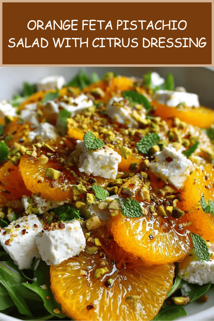 Orange feta pistachio salad with sliced oranges, arugula, feta cubes, chopped pistachios, mint leaves, and honey citrus dressing.