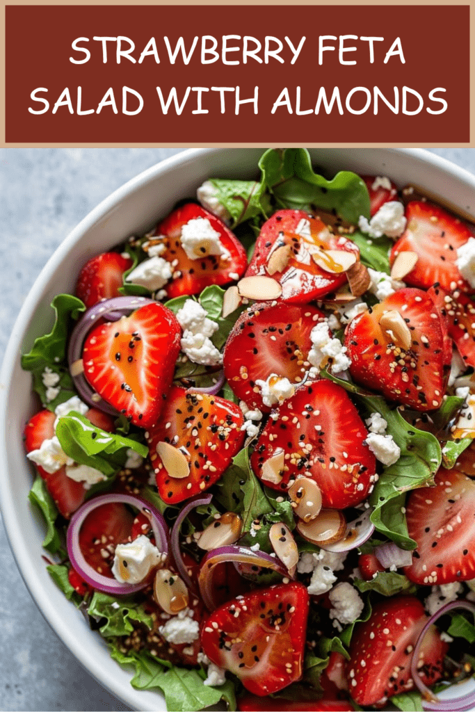Strawberry feta salad with sliced fresh strawberries, arugula, crumbled feta, red onion, toasted almonds, sesame seeds, and balsamic dressing.