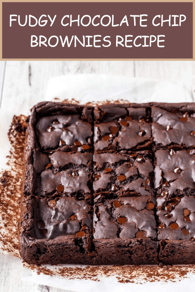 Fudgy chocolate chip brownies sliced into squares with a shiny crackly top, melted chocolate chips, and a rich soft chocolate center.