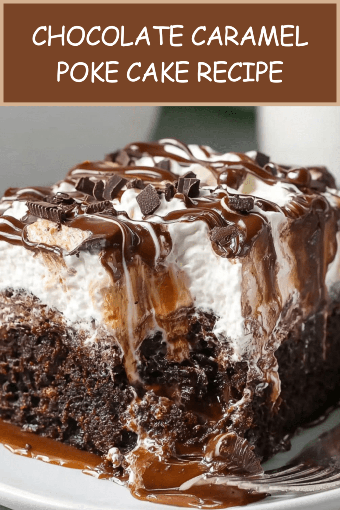 Chocolate caramel poke cake sliced into squares with whipped cream topping, caramel drizzle, chocolate sauce, and chocolate shavings.