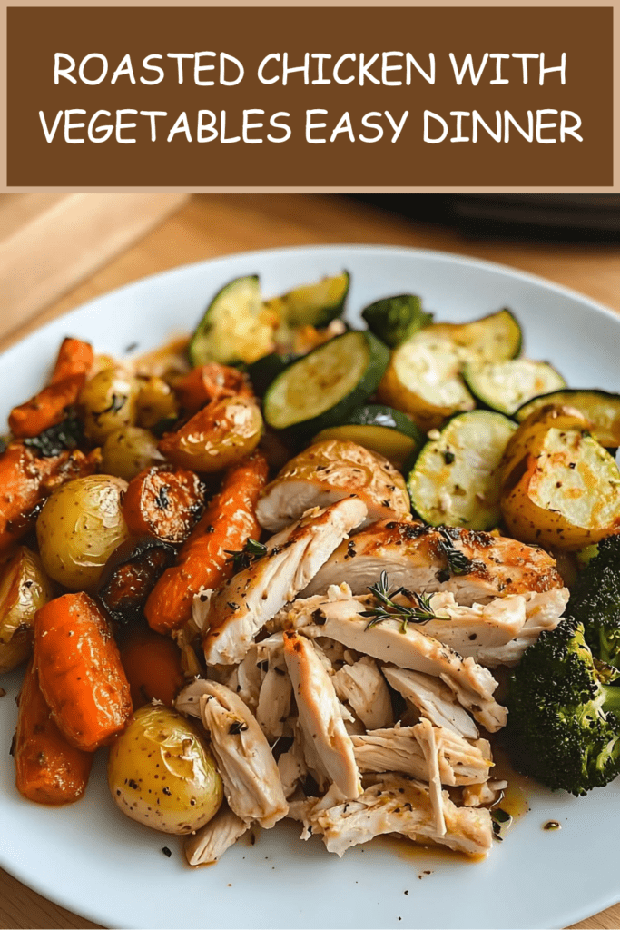 Roasted chicken with vegetables served with golden baby potatoes, carrots, zucchini, broccoli, lemon wedges, herbs, and pan juices.