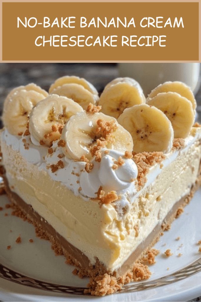 No-bake banana cream cheesecake with buttery biscuit crust, creamy banana filling, whipped cream, banana slices, crushed biscuits, and caramel drizzle.