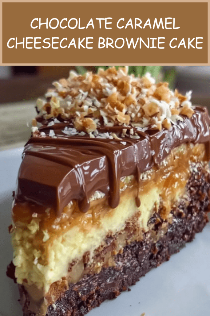 Chocolate caramel cheesecake brownie cake with a fudgy brownie base, creamy cheesecake layer, caramel topping, glossy ganache, nuts, and coconut.