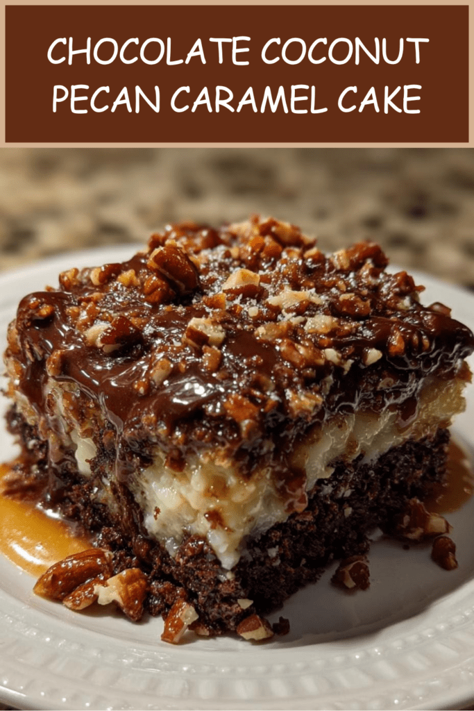 Chocolate coconut pecan caramel cake with moist chocolate cake, coconut pecan filling, glossy chocolate topping, chopped pecans, and caramel drizzle.