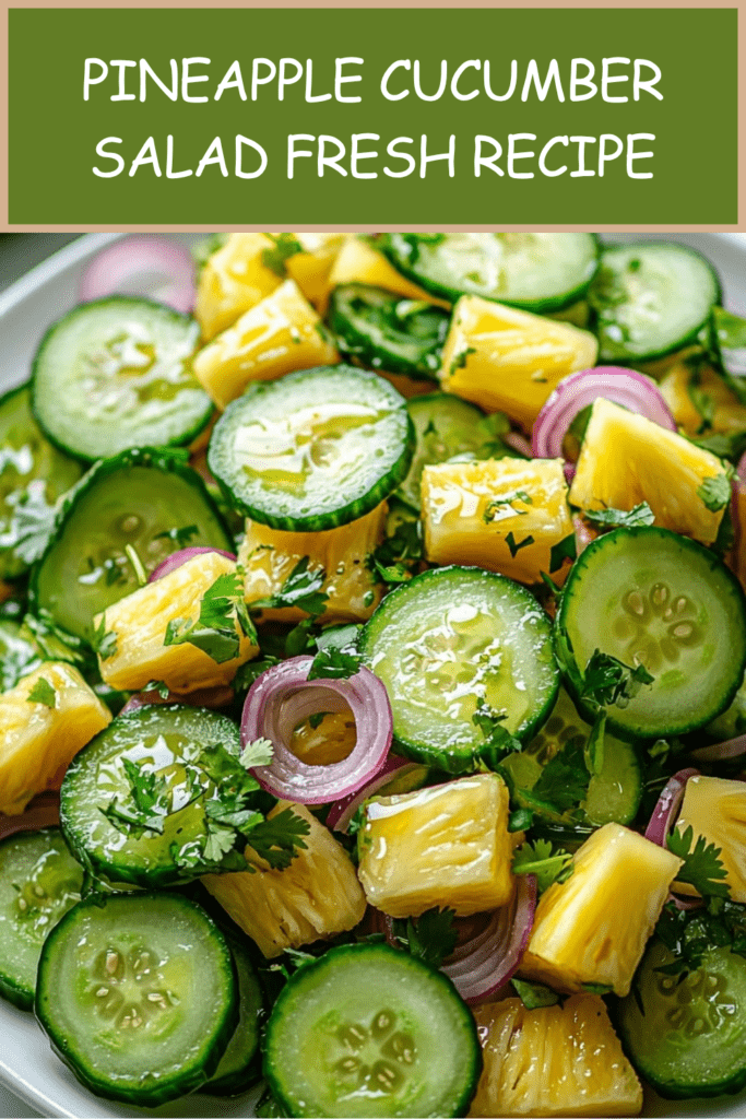 Pineapple cucumber salad with juicy pineapple cubes, thin cucumber slices, red onion, cilantro, lime dressing, chili flakes, and fresh herbs.
