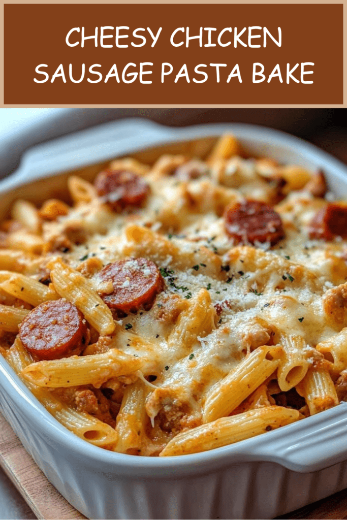 Cheesy chicken sausage pasta bake with penne pasta, diced chicken, smoked sausage, creamy tomato sauce, melted mozzarella, parmesan, cheddar, and fresh parsley.