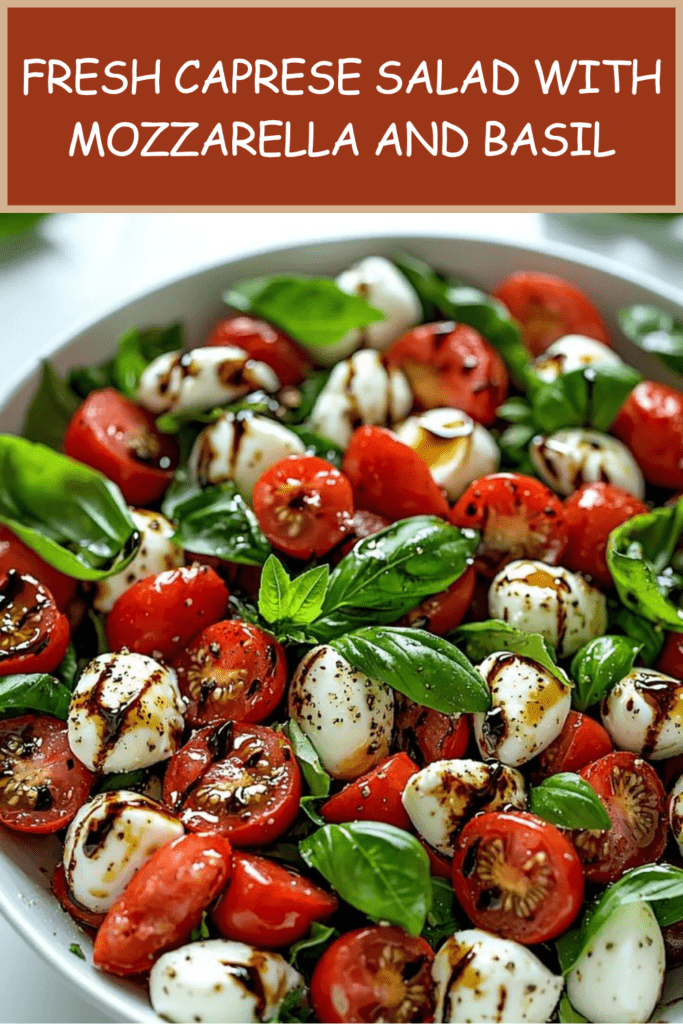 Fresh Caprese salad served in a bowl with halved cherry tomatoes, creamy mini mozzarella balls, bright basil leaves, olive oil, and balsamic glaze.