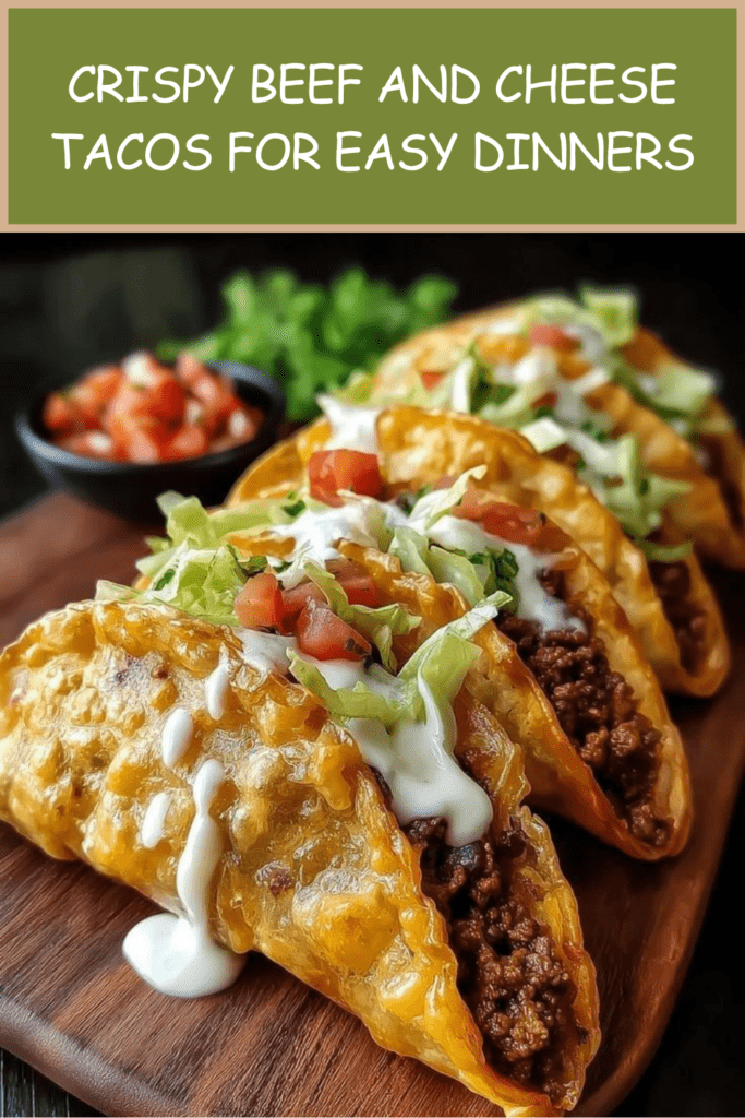Crispy beef and cheese tacos filled with seasoned ground beef, melted cheese, shredded lettuce, diced tomatoes, red onion, sour cream, and fresh herbs.