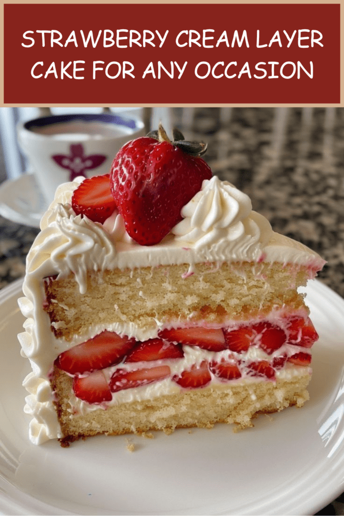 Strawberry cream layer cake with soft vanilla cake layers, mascarpone whipped cream filling, sliced fresh strawberries, and whole strawberries on top.