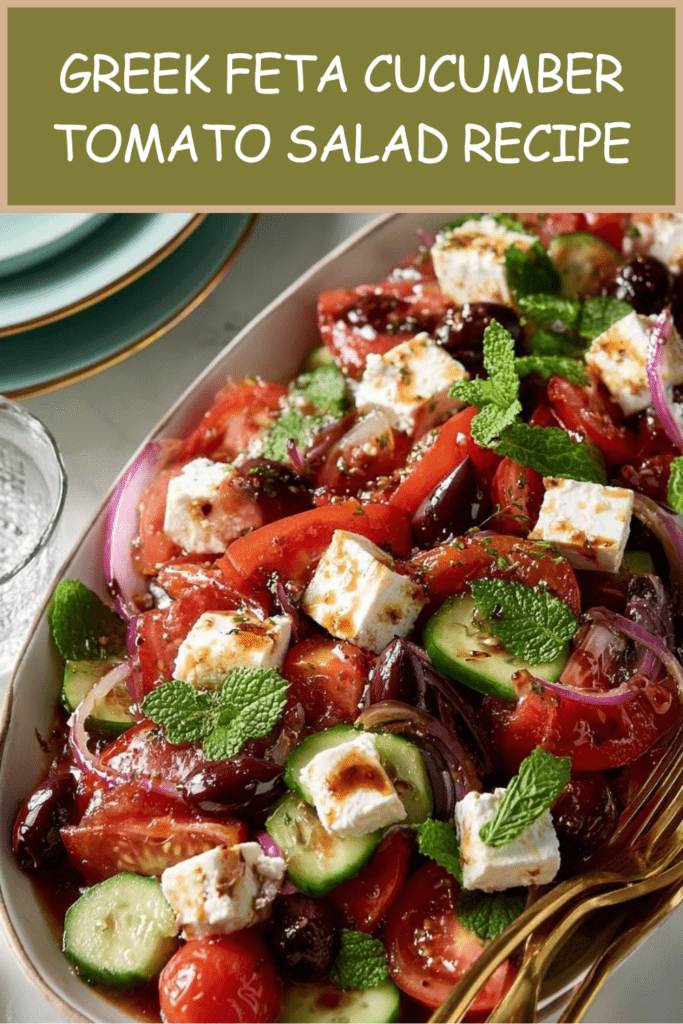 Fresh Greek feta cucumber tomato salad served in a bowl with tomato wedges, cucumber slices, red onion, feta cubes, olives, mint, parsley, and oregano dressing.