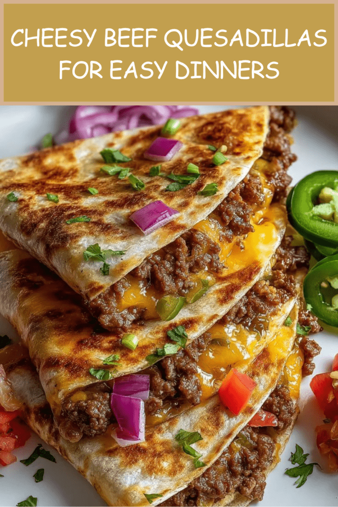Cheesy beef quesadillas sliced into golden triangles with seasoned ground beef, melted cheddar, mozzarella, salsa, guacamole, sour cream, jalapeños, and fresh cilantro.
