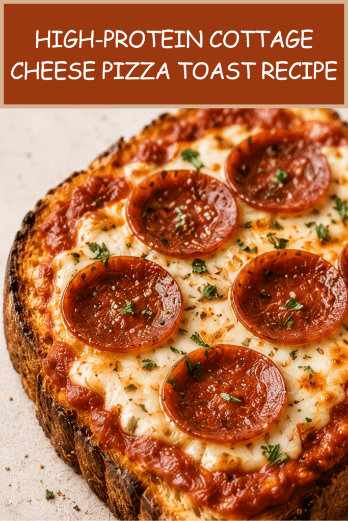 Close-up of high-protein cottage cheese pizza toast on thick golden bread, topped with tomato sauce, melted cheese, pepperoni slices, herbs, and crispy edges.