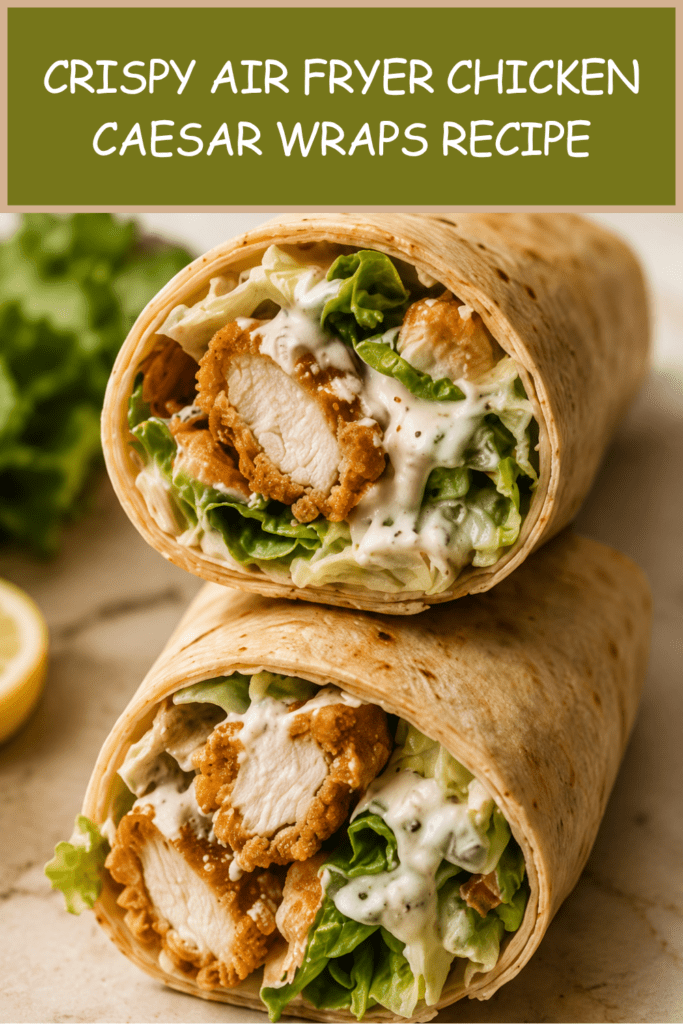 Close-up of crispy air fryer chicken Caesar wraps filled with golden chicken pieces, romaine lettuce, creamy Caesar dressing, parmesan, and soft tortillas.