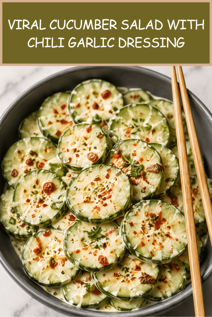 Close-up of viral cucumber salad with thin cucumber slices tossed in creamy chili garlic dressing, topped with sesame seeds, herbs, and red chili flakes.