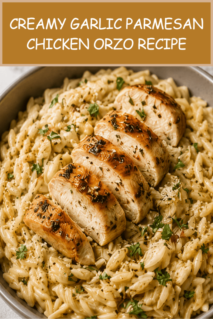 Close-up of creamy garlic parmesan chicken orzo served in a pan with sliced golden chicken breast, tender orzo pasta, parmesan cheese, herbs, and black pepper.
