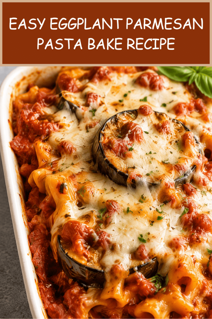 Close-up of eggplant parmesan pasta bake in a baking dish with tender pasta, roasted eggplant, rich tomato sauce, melted mozzarella, parmesan, and fresh basil.