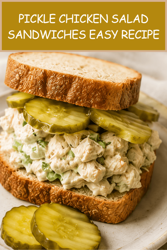 Close-up of pickle chicken salad sandwiches filled with creamy shredded chicken, crunchy dill pickles, fresh herbs, lettuce, and soft sandwich bread.