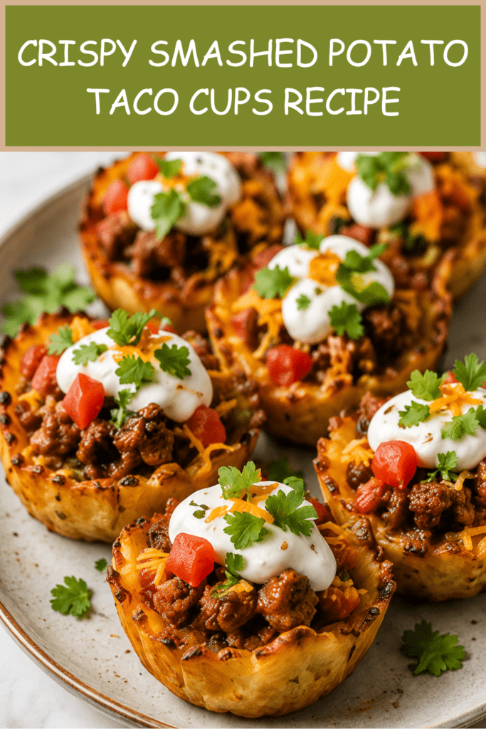 Close-up of crispy smashed potato taco cups filled with seasoned taco beef, melted cheese, sour cream, salsa, avocado, green onions, and fresh cilantro.