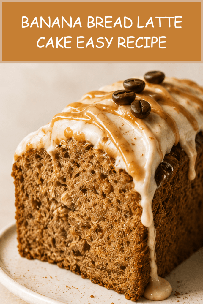Close-up of banana bread latte cake slice with moist banana crumb, cinnamon coffee glaze, caramel drizzle, chopped walnuts, and a warm coffee cup in the background.