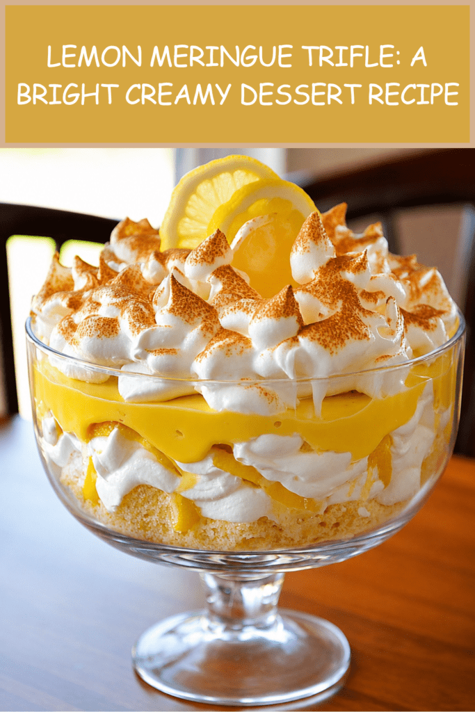 A large glass trifle bowl filled with layers of vanilla sponge cake, silky lemon cream, whipped cream, and golden toasted meringue, decorated with lemon slices and fresh lemon zest.