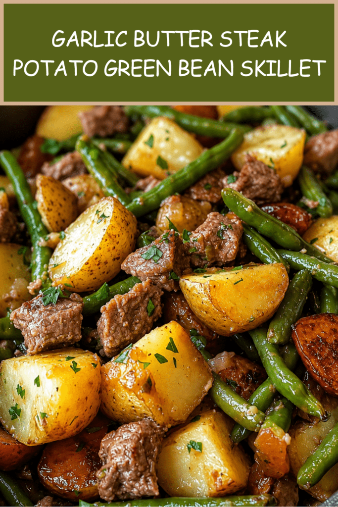 A rustic skillet filled with juicy garlic butter steak bites, golden baby potatoes, green beans, smoked sausage slices, fresh parsley, and a glossy buttery garlic sauce.