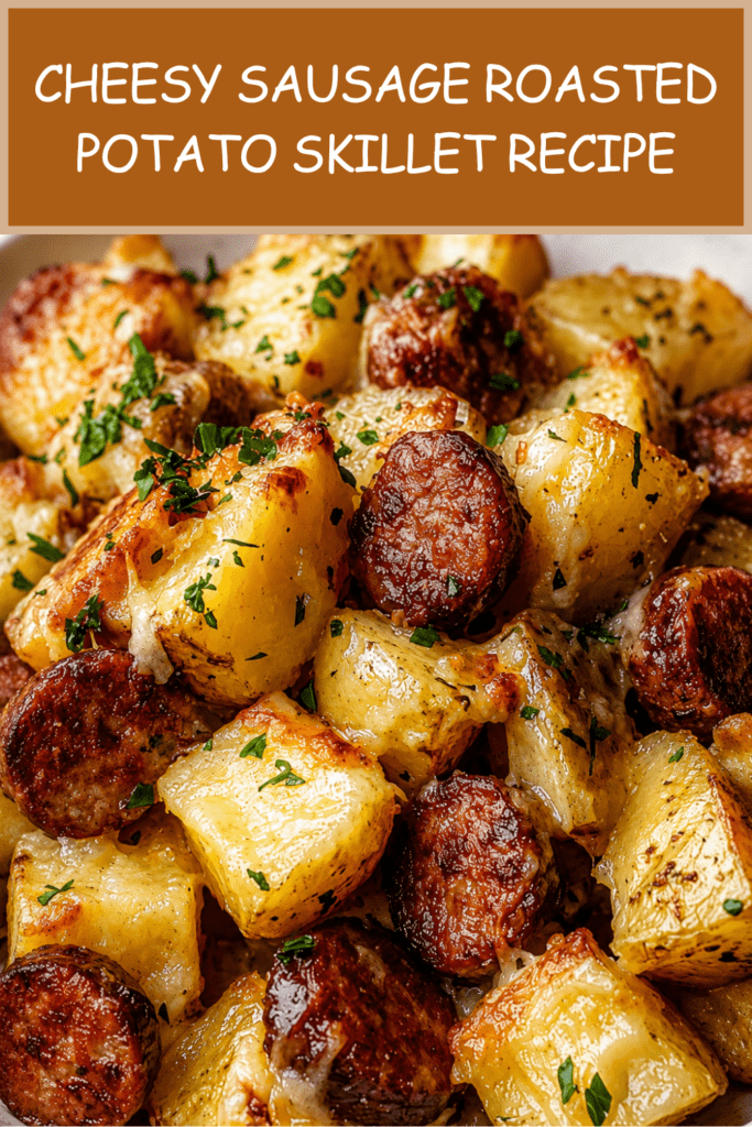 A hot skillet filled with Cheesy Sausage crispy roasted potato cubes, browned smoked sausage slices, melted mozzarella and cheddar cheese, grated parmesan, fresh parsley, and golden garlic herb seasoning.