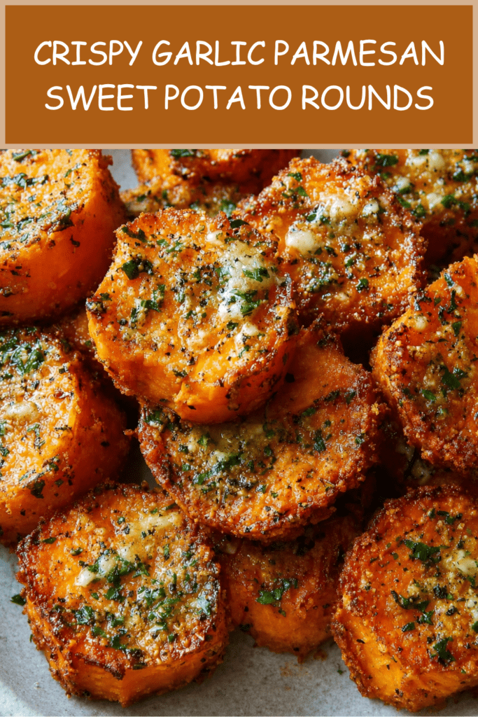 Golden roasted sweet potato rounds served on a tray with crispy parmesan edges, minced garlic, fresh parsley, black pepper, and a savory garlic butter coating.