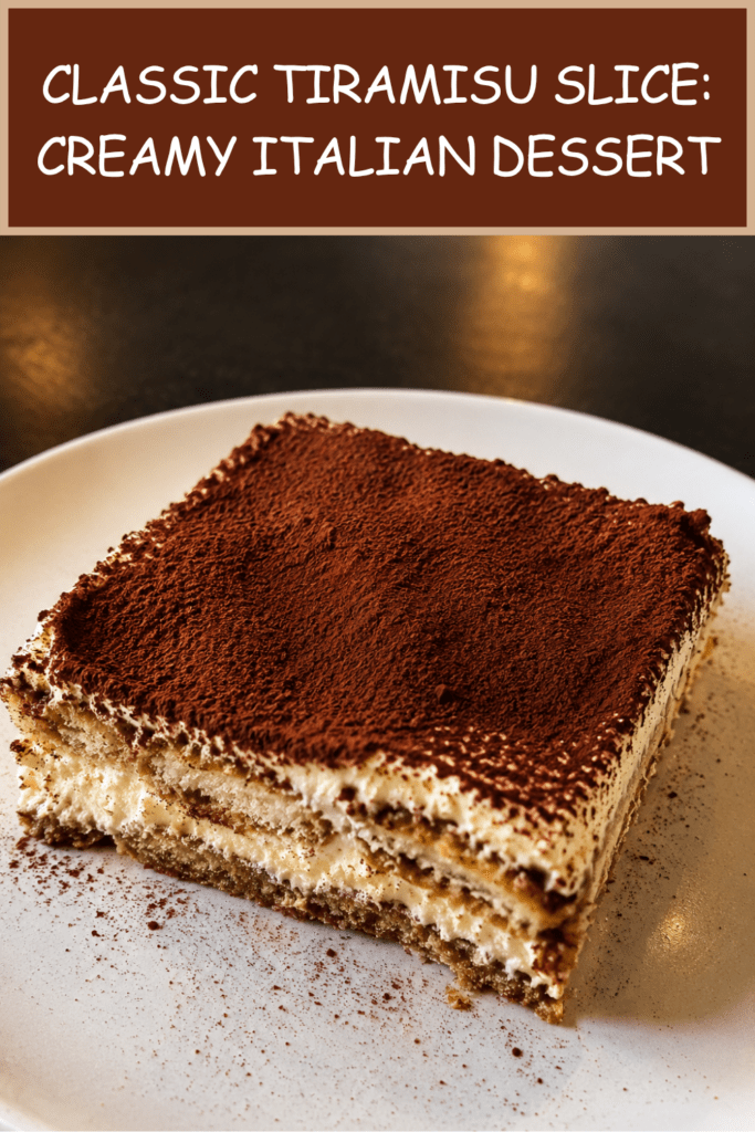 A classic tiramisu slice served on a plate with creamy mascarpone layers, coffee-soaked ladyfingers, a thick dusting of cocoa powder, and dark chocolate shavings.