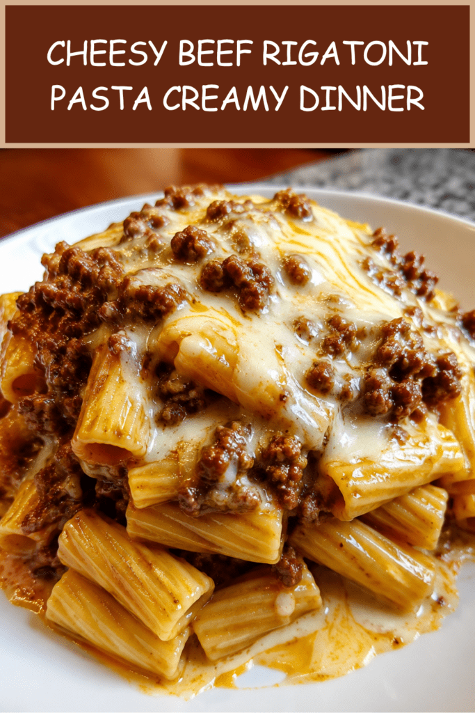 A hot bowl of cheesy beef rigatoni pasta coated in creamy tomato beef sauce with melted mozzarella, cheddar, parmesan, black pepper, and fresh parsley.