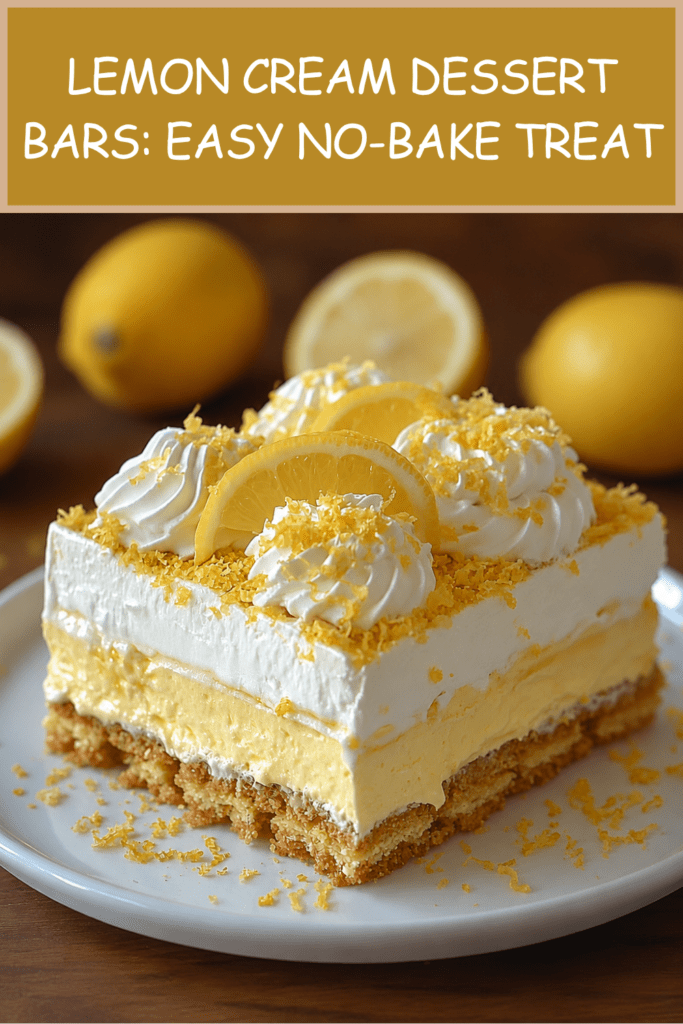 Lemon cream dessert bars sliced into squares with a buttery biscuit crust, smooth lemon custard layer, fluffy whipped cream topping, fresh lemon zest, and thin lemon slices.