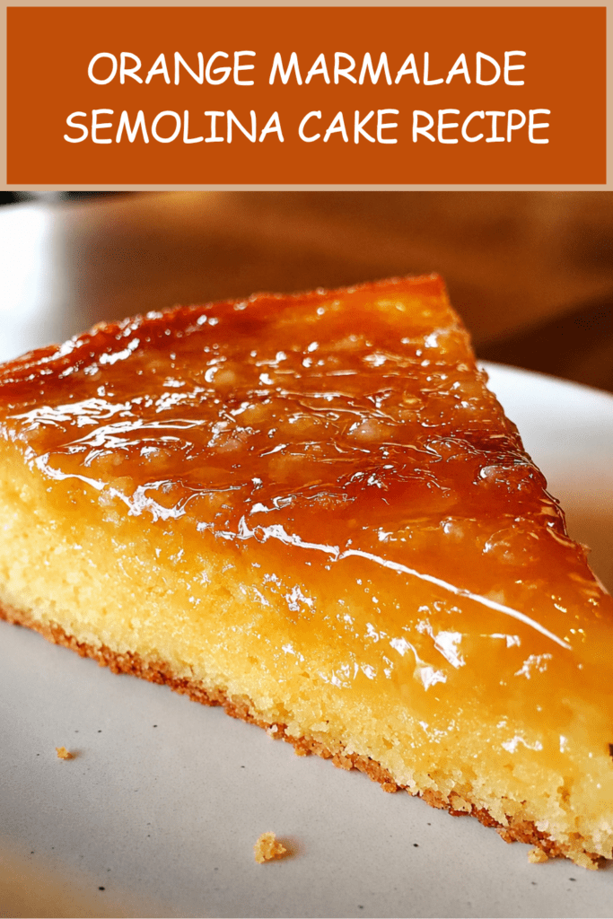 A moist orange marmalade semolina cake sliced on a plate with a glossy citrus topping, golden crumb, orange zest, and a soft syrup-soaked texture.