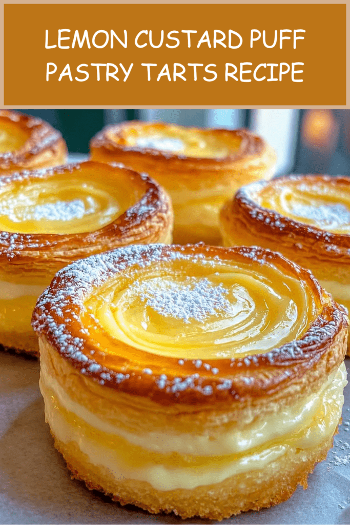 Golden lemon custard puff pastry tarts filled with smooth citrus custard, crisp flaky edges, powdered sugar, fresh lemon zest, and glossy lemon curd topping.