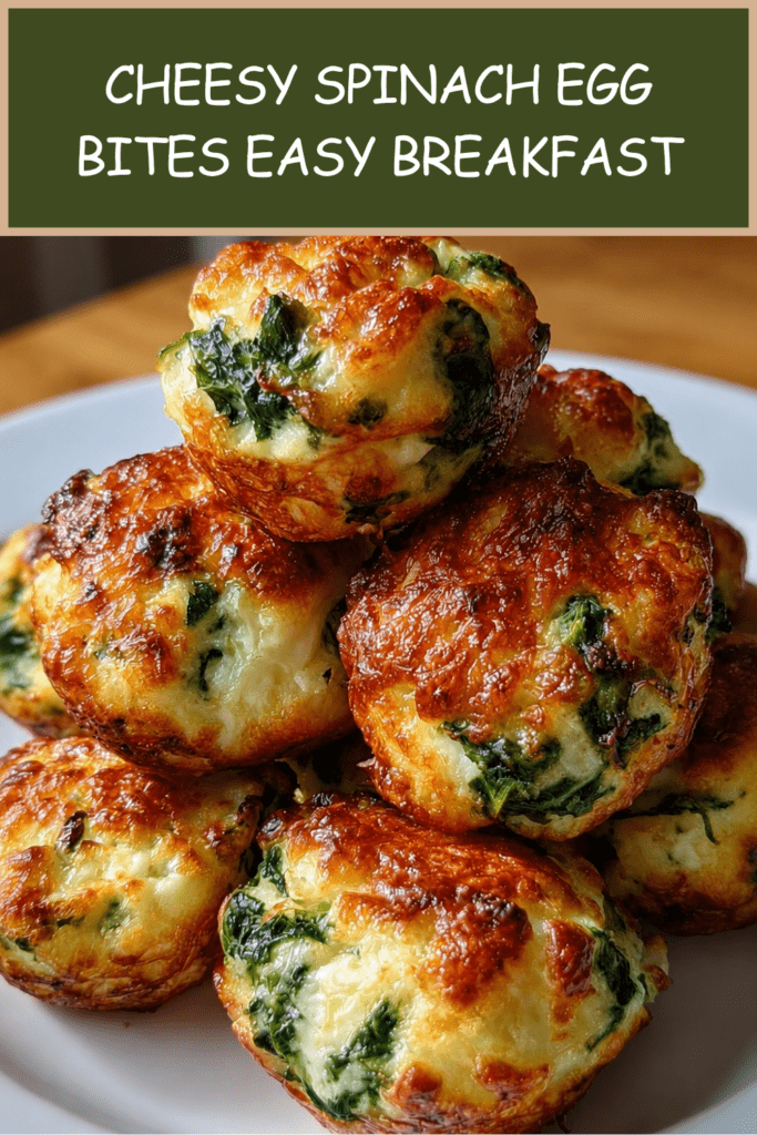 Golden cheesy spinach egg bites baked in a muffin pan with fluffy eggs, melted mozzarella, crumbled feta, chopped spinach, garlic, and fresh parsley.