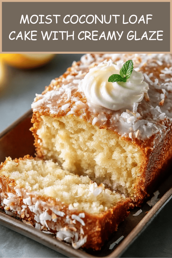 A moist coconut loaf cake sliced on a plate with creamy white glaze, shredded coconut topping, soft tender crumb, whipped cream, and fresh mint garnish.