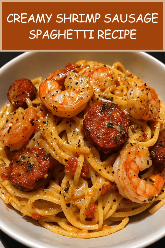 A creamy shrimp and sausage spaghetti dish served hot with tender pink shrimp, browned smoked sausage slices, parmesan cream sauce, fresh parsley, black pepper, and lemon.