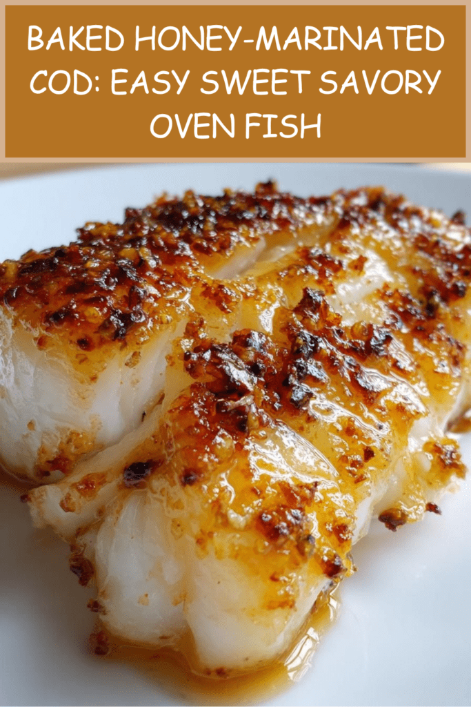 A close-up of baked honey-marinated cod fillets freshly removed from the oven, featuring a glossy caramelized honey-soy glaze, golden-brown edges, and a tender flaky texture. The fish is served in a baking dish lined with parchment paper, lightly garnished with herbs, showcasing a sweet and savory seafood dish ideal for a healthy dinner.