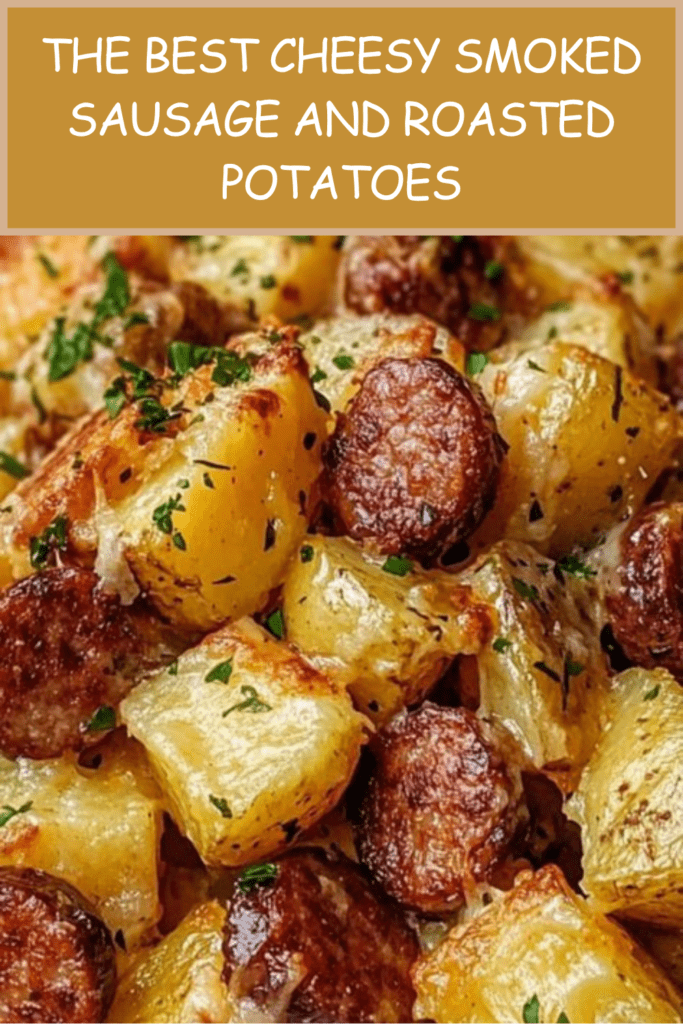 A top-down view of a baking sheet filled with golden roasted potato cubes and sliced smoked sausage, covered in bubbling melted cheese and garnished with parsley.