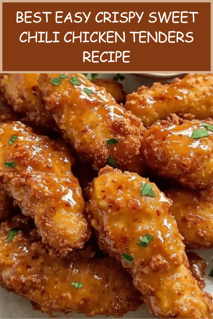 A platter of golden brown crispy chicken tenders covered in a shiny red sweet chili glaze and topped with finely chopped fresh green herbs.