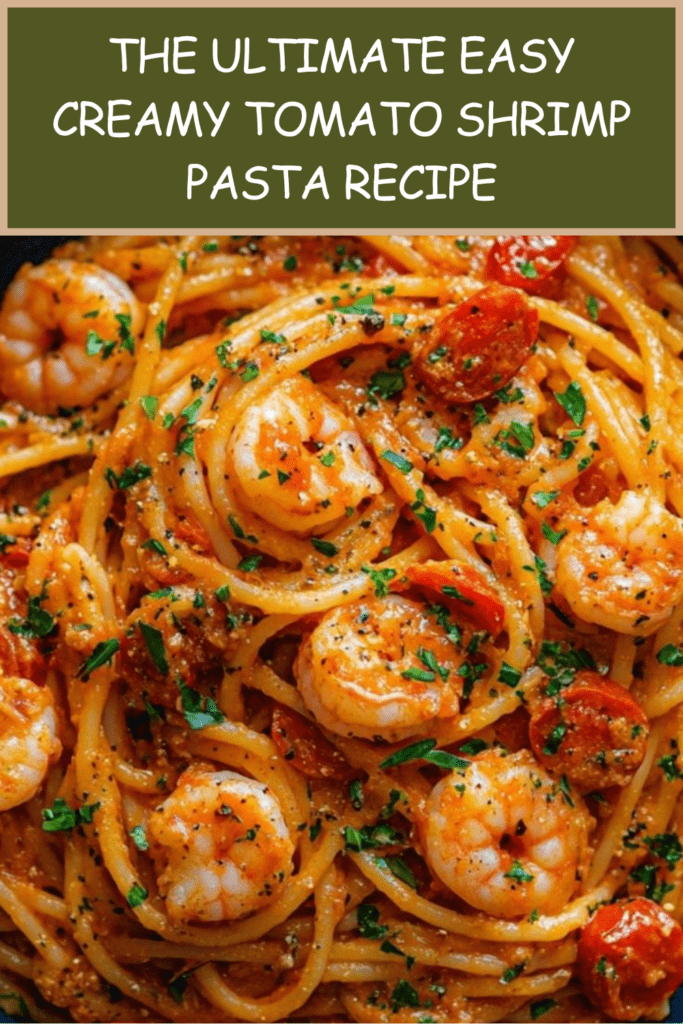 A white bowl filled with swirling spaghetti and juicy pink shrimp coated in a pink creamy tomato sauce, finished with halved cherry tomatoes and green parsley.